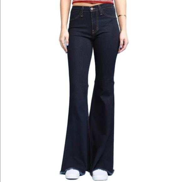 Judy Blue Denim - Judy Blue High Rise Super Flare Leg Raw Hem Dark Wash Stretch Denim Jean